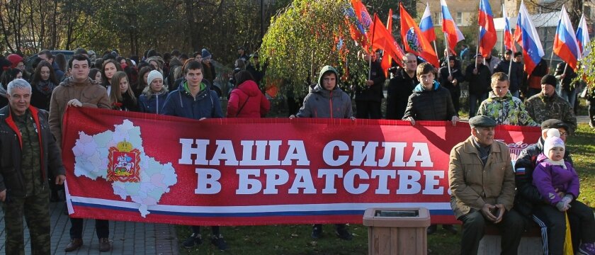 Банер: «Наша сила в братстве», герб Московской области