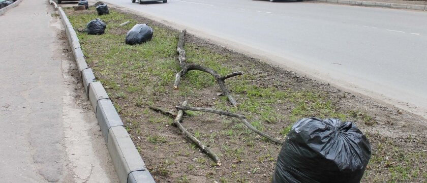 Вдоль дороги лежат мешки с мусором, субботник в Ивантеевке, Московская область