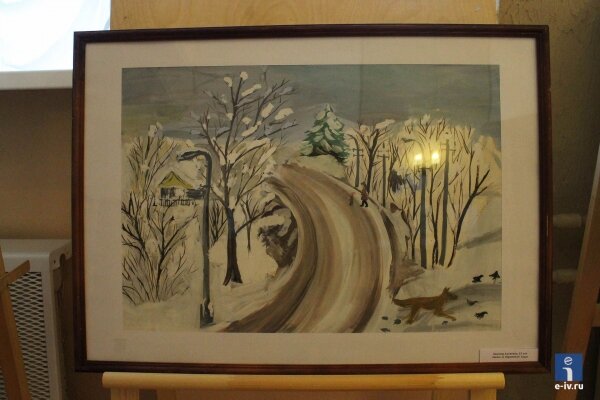 Картина, «Зима», цикл «Времена года», Павлова Алевтина, зимняя дорога, собака, птицы, столбы, дом