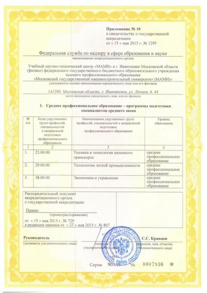 Приложение №10 к свидетельству о государственной аккредитации от 15 мая 2015 года за номером 1295, филиал «МАМИ» - Ивантеевка Московской области